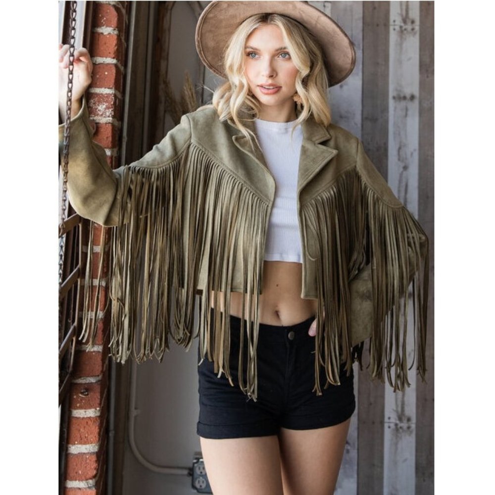 Olive Vegan Faux Suede Fringe Cropped Boho Western Moto Jacket Top Walford